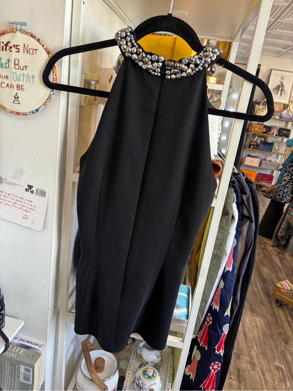 Carmen Marc Valvo Black Jeweled Halter Top